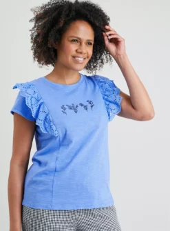 Blue Embroidered Broderie Detail T-Shirt - 16 -Cheap Zest Garb Store tuc141737751 Blue R Z001A