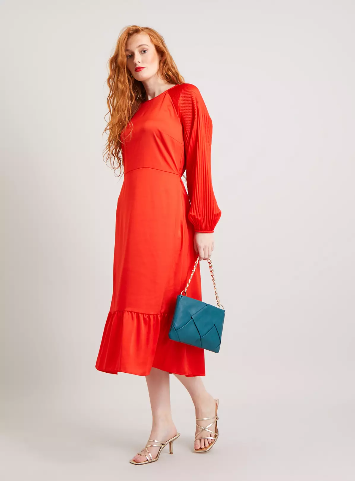 Red Satin Plissé Sleeve Midi Dress 14 3 Red Satin Plissé Sleeve Midi Dress 14