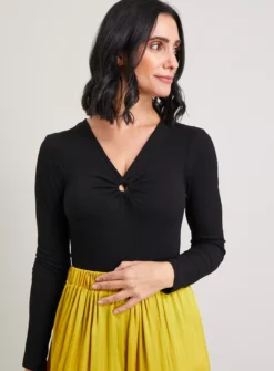 Black Ribbed Ring Detail Bodysuit - 14 -Cheap Zest Garb Store tuc142059657 Black R Z001A