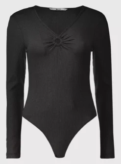 Black Ribbed Ring Detail Bodysuit - 14 -Cheap Zest Garb Store tuc142059657 Black R Z003A