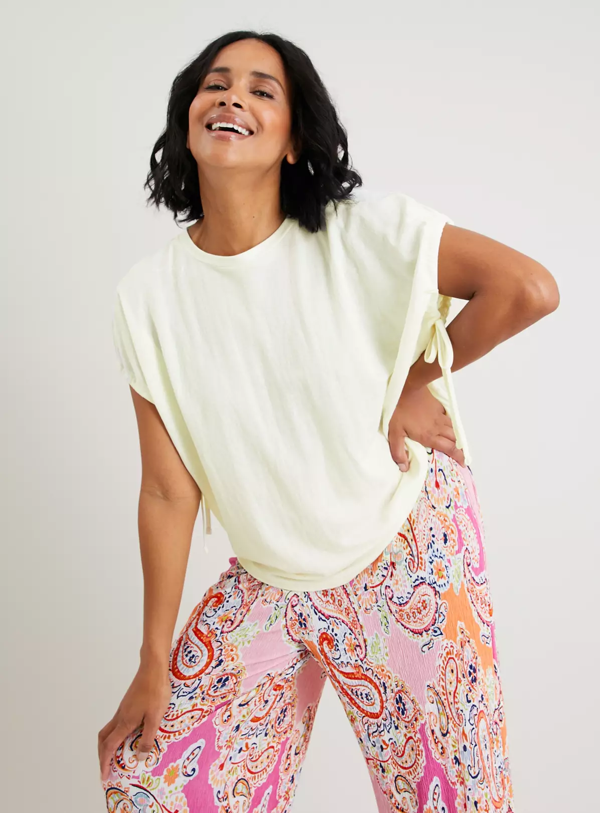 Cream Tie-Sleeve Relaxed Fit Pique Top - 14 3 Cream Tie-Sleeve Relaxed Fit Pique Top - 14