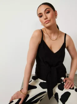 For All The Love Linen Blend Tie Front Cami 6 -Cheap Zest Garb Store tuc142764225 Black R Z004A 1