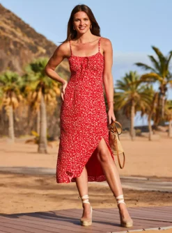 SOSANDAR Red Floral Ruched Bust Strappy Midi Dress 18