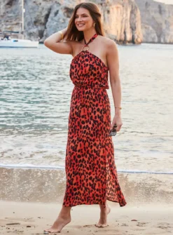 SOSANDAR Red Leopard Print Halter Neck Sunshine Dress 18