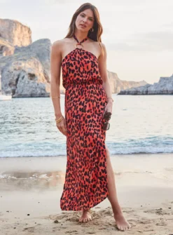 SOSANDAR Red Leopard Print Halter Neck Sunshine Dress 18 -Cheap Zest Garb Store tuc143085689 Red R Z002A