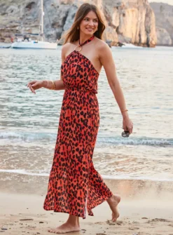 SOSANDAR Red Leopard Print Halter Neck Sunshine Dress 18 -Cheap Zest Garb Store tuc143085689 Red R Z003A