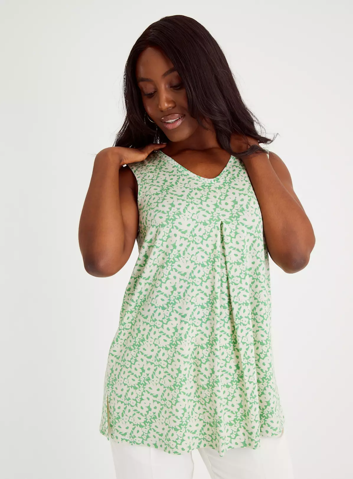 Green Floral V-Neck & Front Longline Vest Top 14 6 Green Floral V-Neck & Front Longline Vest Top 14 - Image 4