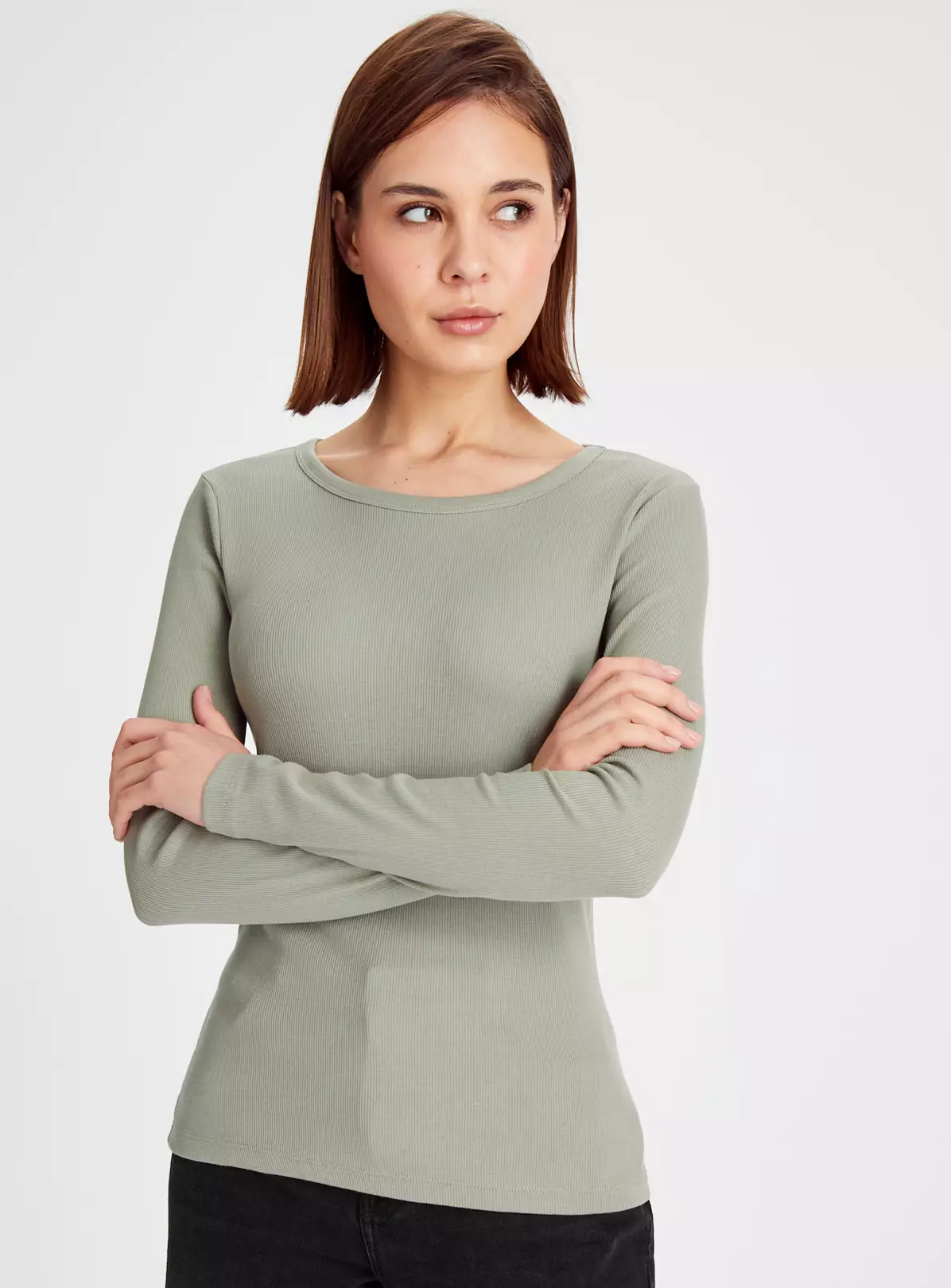Khaki Crew Neck Ribbed Long Sleeve Top 16 4 Khaki Crew Neck Ribbed Long Sleeve Top 16 - Image 2