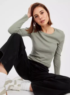 Khaki Crew Neck Ribbed Long Sleeve Top 16 8 Khaki Crew Neck Ribbed Long Sleeve Top 16 -Cheap Zest Garb Store tuc143442746 Green R Z002A