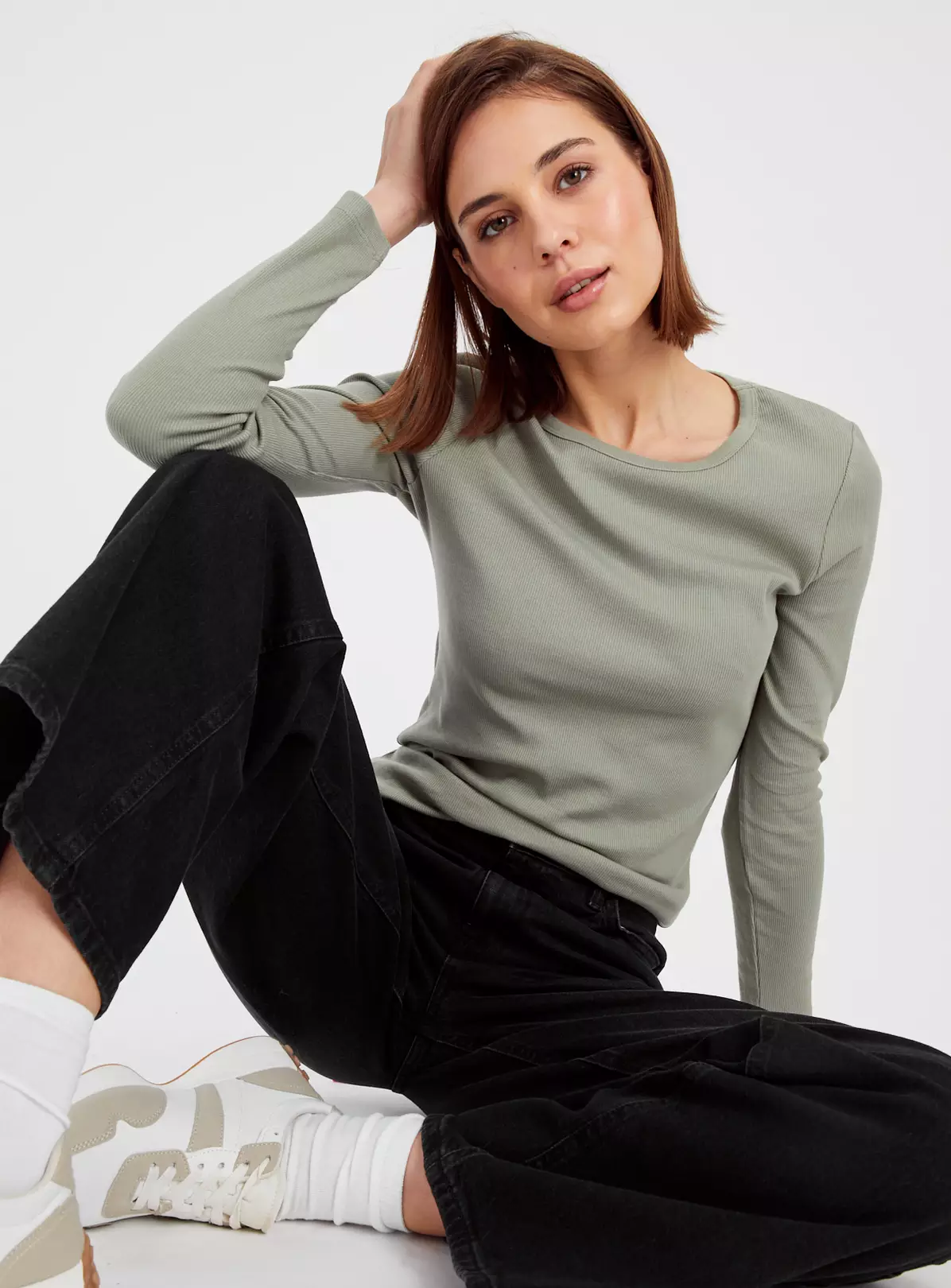Khaki Crew Neck Ribbed Long Sleeve Top 16 5 Khaki Crew Neck Ribbed Long Sleeve Top 16 - Image 3