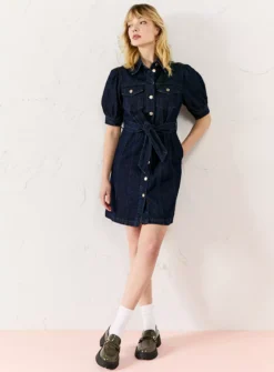 EVERBELLE Puff Sleeve Short Denim Dress 16