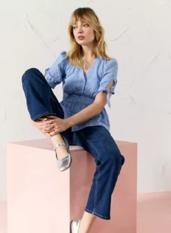 EVERBELLE Tie Sleeve Button Through Peplum Top 18 -Cheap Zest Garb Store tuc143738310 Blue R Z002A