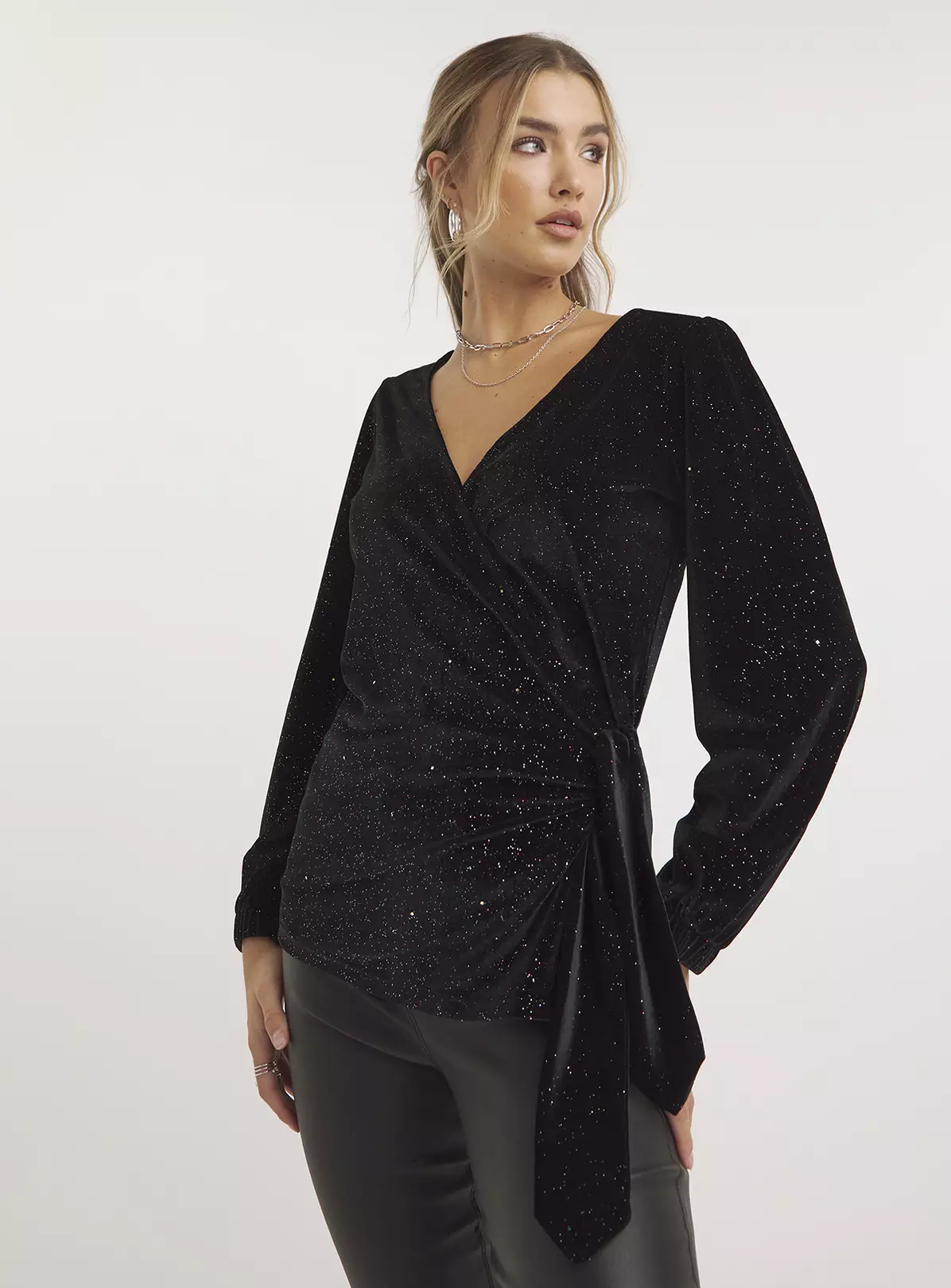 SIMPLY BE Black Multi Glitter Velour Wrap Top 10 5 SIMPLY BE Black Multi Glitter Velour Wrap Top 10 - Image 3
