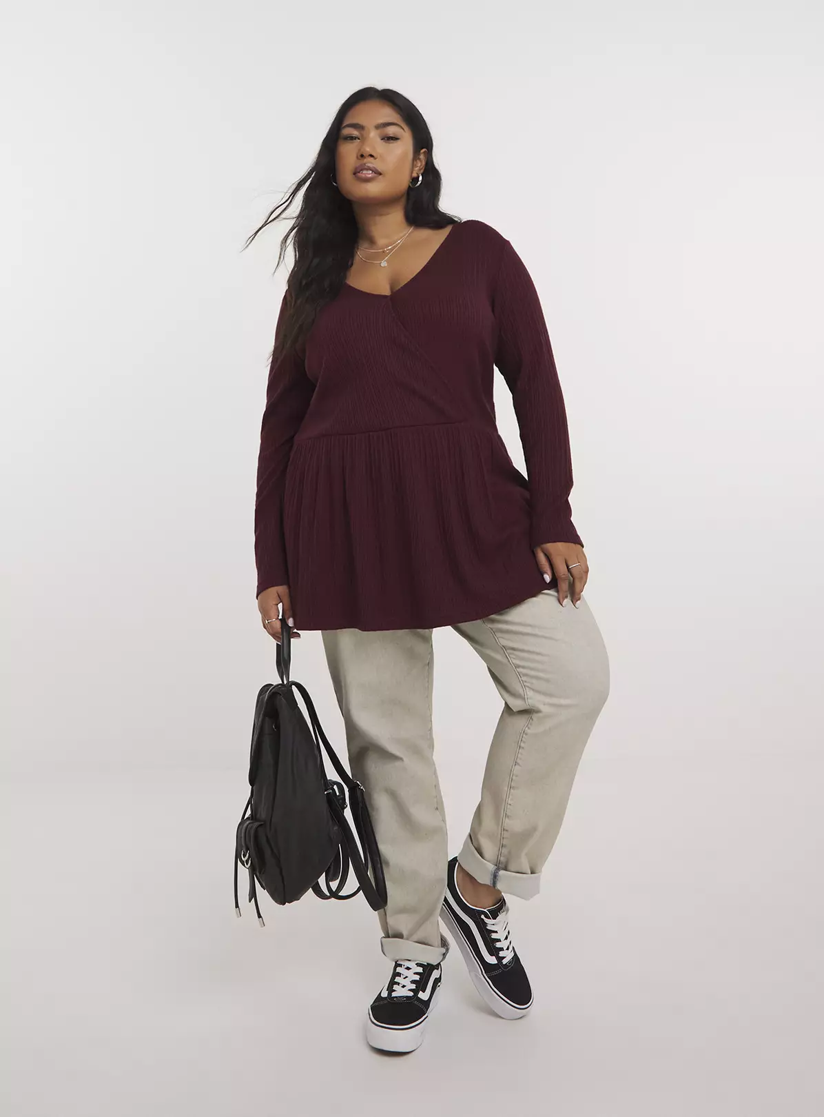 SIMPLY BE Burgundy Ribbed Cut And Sew Mock Wrap Top 32 4 SIMPLY BE Burgundy Ribbed Cut And Sew Mock Wrap Top 32 - Image 2