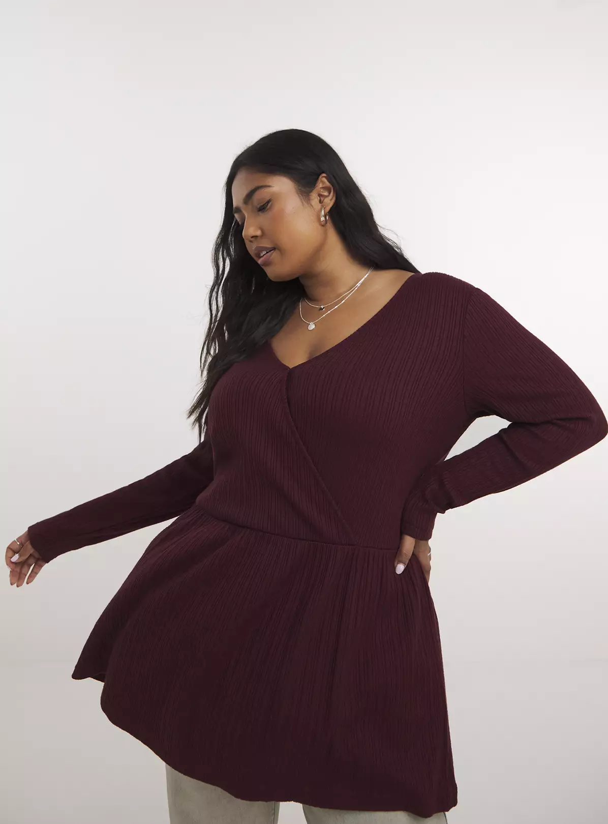 SIMPLY BE Burgundy Ribbed Cut And Sew Mock Wrap Top 32 5 SIMPLY BE Burgundy Ribbed Cut And Sew Mock Wrap Top 32 - Image 3