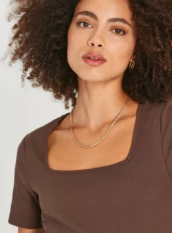 Brown Square Neck Short Sleeve Top 16