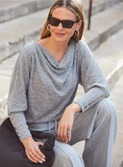 SOSANDAR Grey Cowl Neck Brushed Long Sleeve Top 8