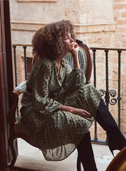 SOSANDAR Khaki Spot Tiered Hem Shirt Dress 8