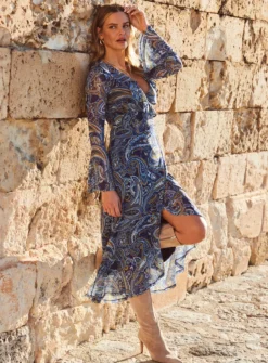 SOSANDAR Blue Conversational Mesh Printed Wrap Fit And Flare Dress 16 -Cheap Zest Garb Store tuc144176751 Blue R Z001A