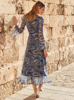 SOSANDAR Blue Conversational Mesh Printed Wrap Fit And Flare Dress 16 -Cheap Zest Garb Store tuc144176751 Blue R Z004A