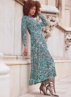 SOSANDAR Green Animal Pleat Insert Asym Hem Midi Dress 14 9 SOSANDAR Green Animal Pleat Insert Asym Hem Midi Dress 14 -Cheap Zest Garb Store tuc144176945 Green R Z001A