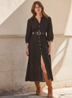 SOSANDAR Black Broderie Detail Midi Shirt Dress 16