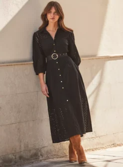 SOSANDAR Black Broderie Detail Midi Shirt Dress 16 -Cheap Zest Garb Store tuc144368576 Black R Z004A