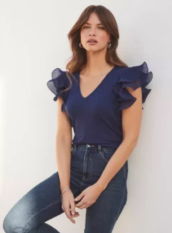 SOSANDAR Navy Blue Frill Sleeve T-Shirt 18