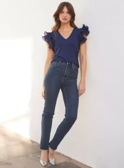 SOSANDAR Navy Blue Frill Sleeve T-Shirt 18 -Cheap Zest Garb Store tuc144371839 Blue R Z002A