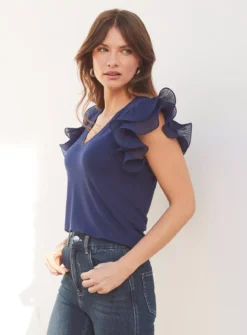 SOSANDAR Navy Blue Frill Sleeve T-Shirt 18 -Cheap Zest Garb Store tuc144371839 Blue R Z004A