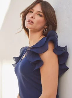 SOSANDAR Navy Blue Frill Sleeve T-Shirt 18 -Cheap Zest Garb Store tuc144371839 Blue R Z005A