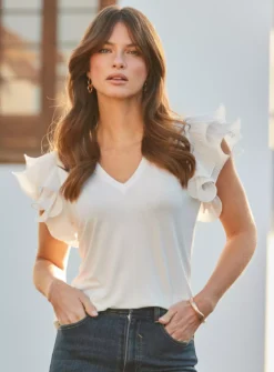 SOSANDAR White Frill Sleeve T-Shirt 18 -Cheap Zest Garb Store tuc144373130 White R Z001A