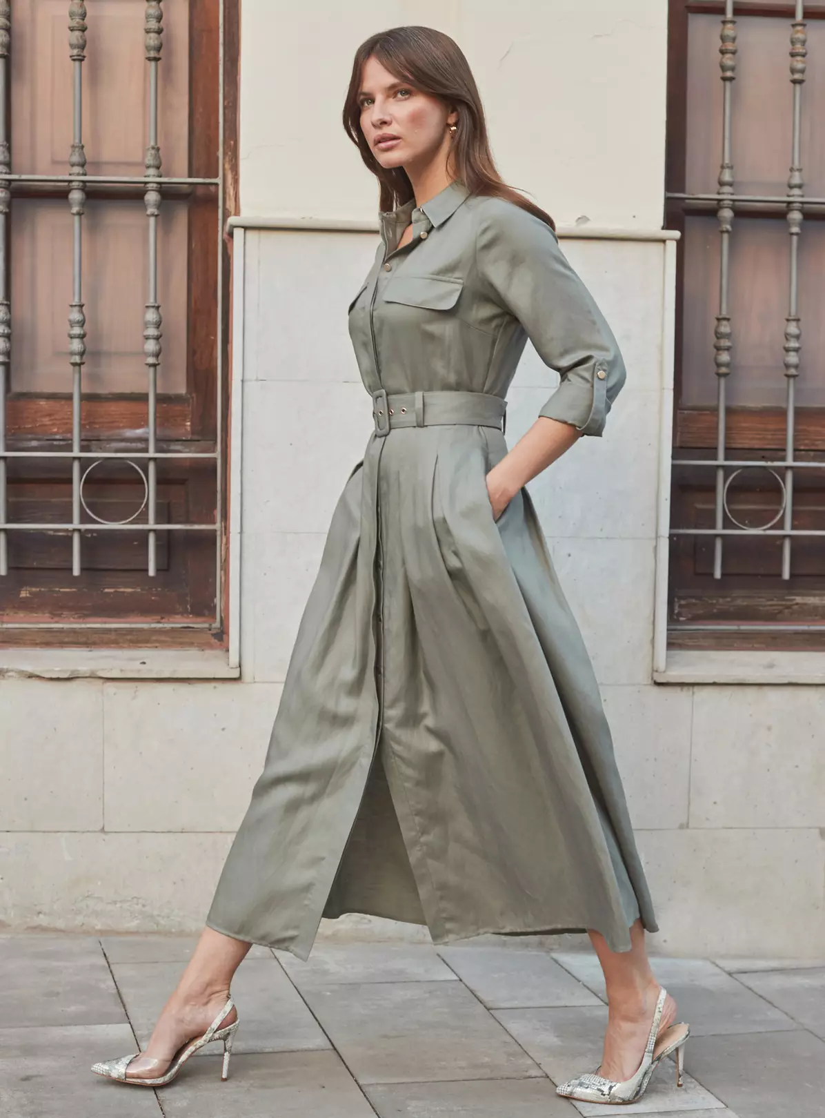 SOSANDAR Khaki Green Utility Midi Shirt Dress 8 7 SOSANDAR Khaki Green Utility Midi Shirt Dress 8 - Image 5