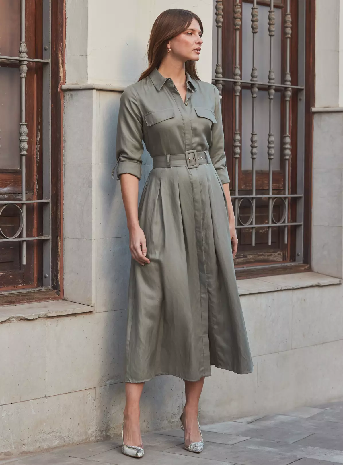 SOSANDAR Khaki Green Utility Midi Shirt Dress 8 5 SOSANDAR Khaki Green Utility Midi Shirt Dress 8 - Image 3
