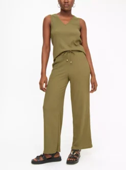 Khaki Textured Tie Waist Wide Leg Trousers 24 -Cheap Zest Garb Store tuc144416785 Khaki R Z001A