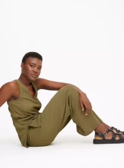 Khaki Textured Tie Waist Wide Leg Trousers 24 -Cheap Zest Garb Store tuc144416785 Khaki R Z002A