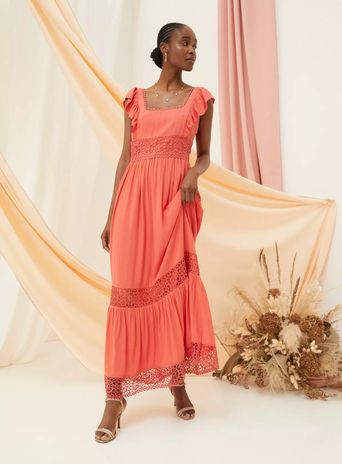 FATFACE Hibiscus Lace Maxi Dress Coral Pink 20 5 FATFACE Hibiscus Lace Maxi Dress Coral Pink 20 - Image 3