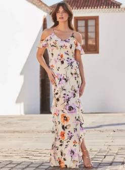 SOSANDAR Ivory Floral Cold Shoulder Ruffle Maxi Dress 6 -Cheap Zest Garb Store tuc144548948 Ivory R Z002A