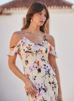 SOSANDAR Ivory Floral Cold Shoulder Ruffle Maxi Dress 6