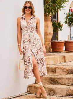 SOSANDAR Brown Animal Sleeveless Jersey Shirt Dress 20